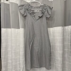 Never A Wildflower Stripped Dress with Tinsel and Ruffle Collar and Sleeves